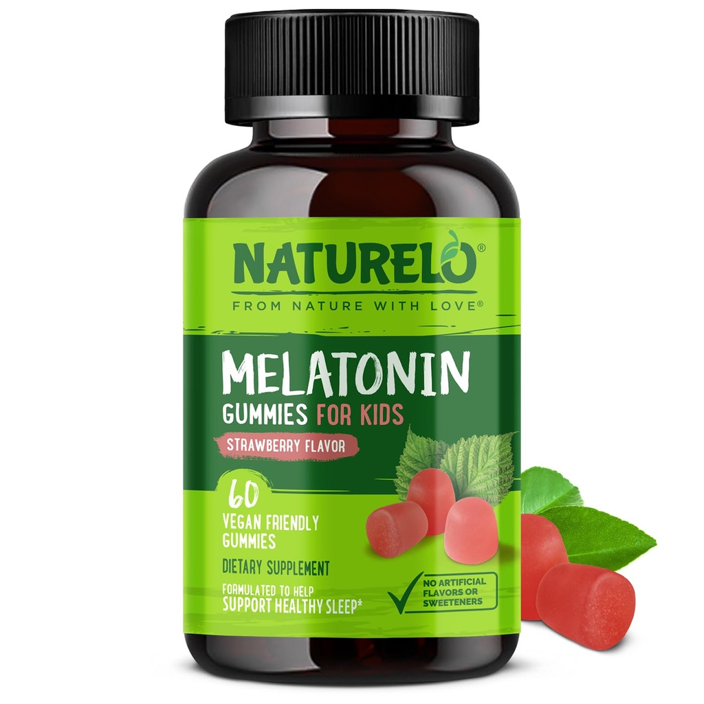 NATURALLO Melatoniini Gummies for Kids Ei-GMO, Gluteeniton, soijaton - Mansikka maku - Hellävarainen Sleep Supplement - 60 Kasvissyöjä Gummies