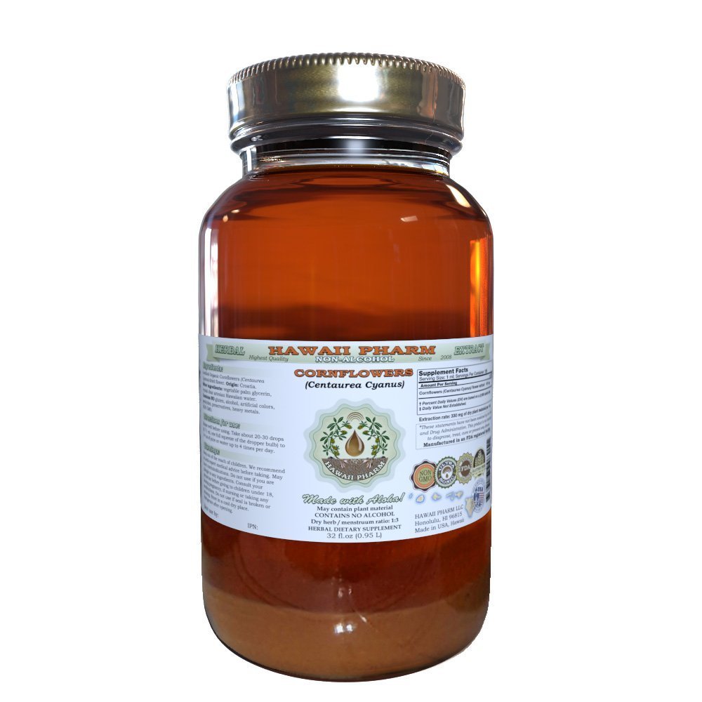 Hawaii Pharm Cornflower Alcohol-Free Liquid Extract, Cornflower (Centaurea Cyanus) Dried Flower Glycerite Natural Herbal Supplement 32 oz Unfiltered