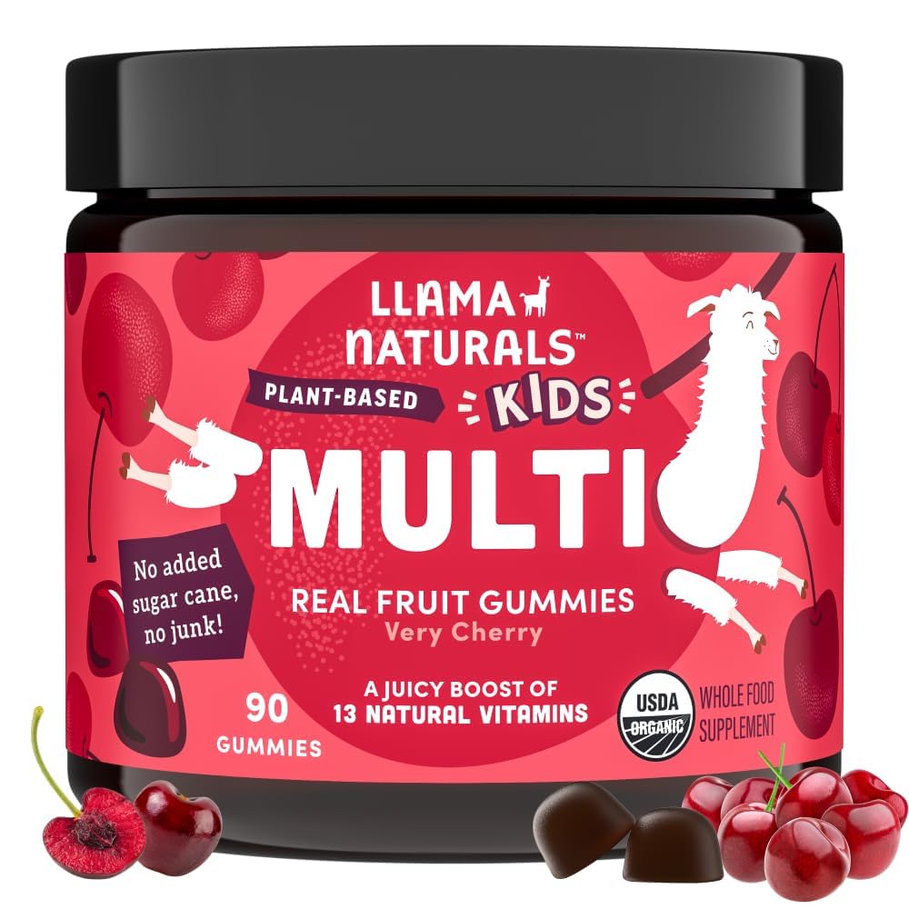 Llama Naturals Lapset Multivitamiini Gummies, Vegaani, Orgaaninen D-vitamiini, C & K-vitamiini, Toddler Real Fruit Gummy Vitamiineja, Pureskeltava lisäravinteet, Koko ruoka Multivitamiini, Ei Lisätty sokeriruoko, Kirsikka, 90 Ct