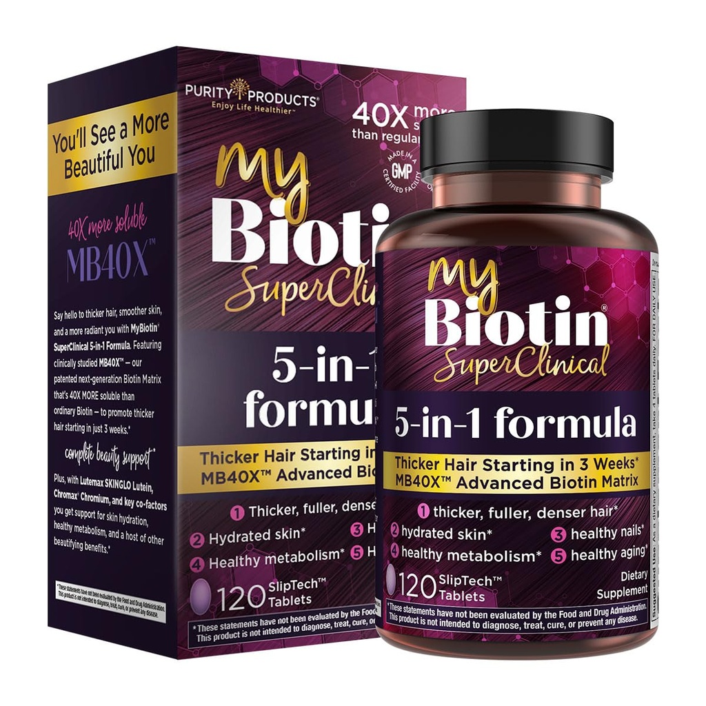 Puhtaus Tuotteet MyBiotin SuperClinical New 5-in-1 Elite Multivitamiini + MB40X Biotin Matrix Daily Multi - Thicker Hiukset alkaen 3 viikkoa - 40X Liukenee enemmän vs. tavallinen hiusten iho kynnet - 120 Tabs