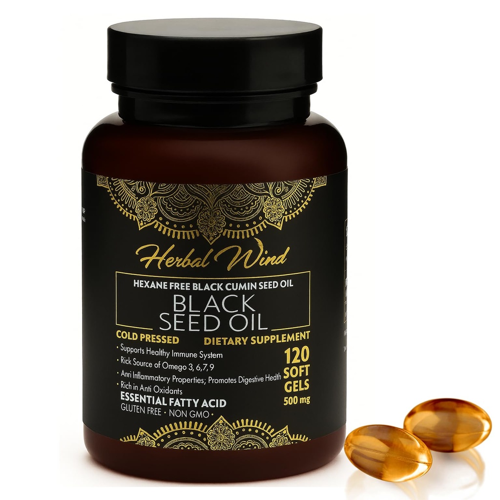 Musta siemenöljy kapselit - Cold Pressed 120 Softgels 500mg, Premium laatu Nigella Sativa,100% puhdas musta kumina siemenöljy - ei-GMO (120 Count - pakkaus 1 muovipullo)