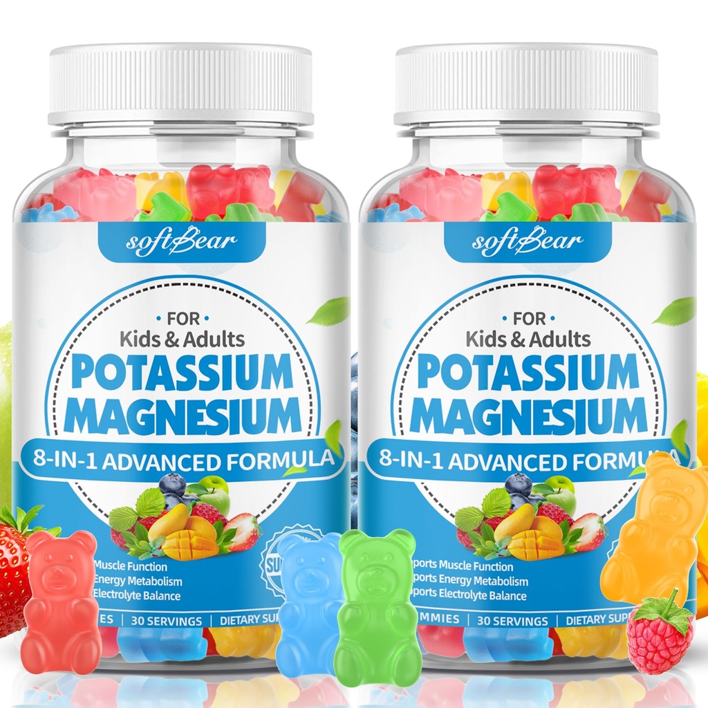 pehmokarhu Sokeriton Kalium Magnesium Gummies aikuisille Lapset, Korkea Imeytyminen Kalium täydentää Gummies tukee jalkakramppeja ja lihasten terveys, herkullinen sekoitettu hedelmä maku 120 Count
