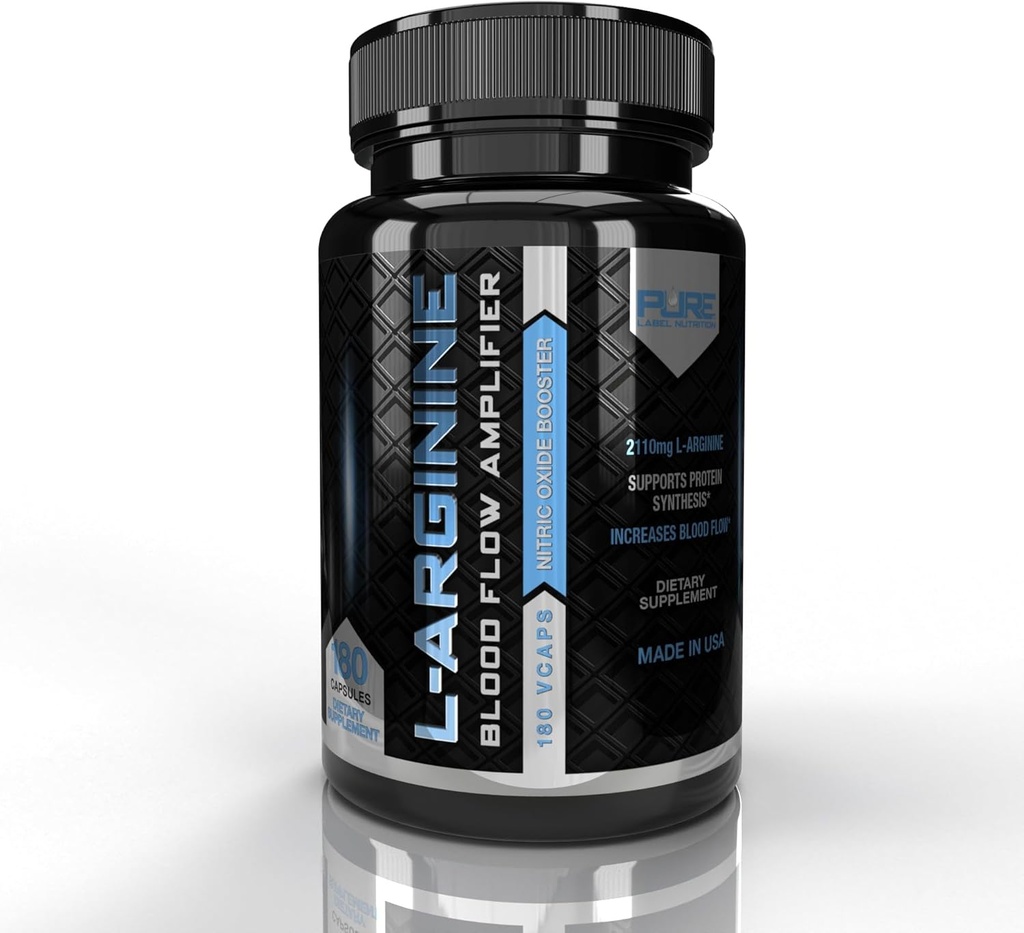 Pure Label Nutrition L Arginine Kapselit, Typpioksidi Booster, Aminohappo täydentää miesten ja naisten, auttaa rakentamaan lihaksia ja voimaa ja parantaa energiaa, veren virtaus tuki - 180 kapselia