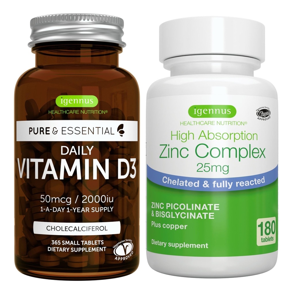 Daglig vitamin D3 + Zink Komplex Vegetarisk Bundle, 365 2000iu Vitamin D3 tabletter + 25mg Chelated Zink Picolinate & Bisglycinate med koppar, av Igennus