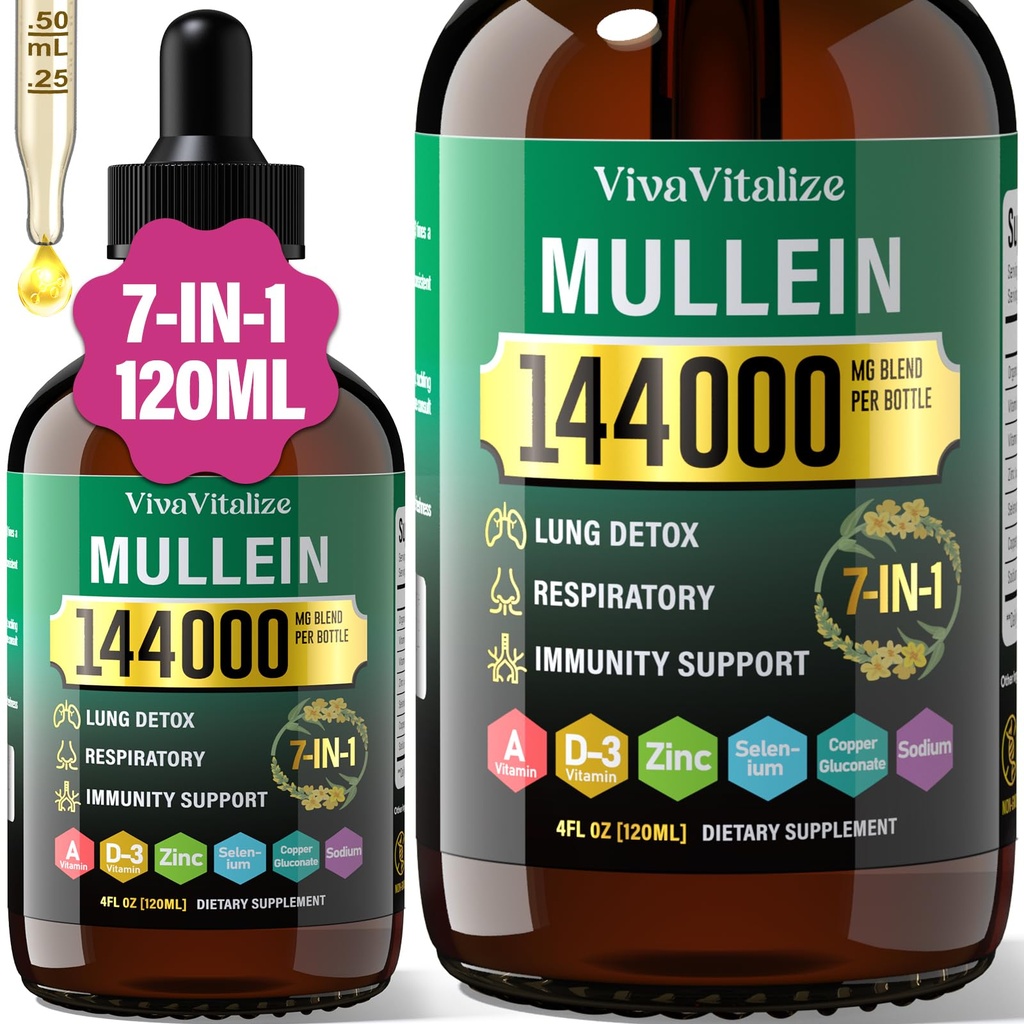 Mullein Drops for Lungs,144000mg Mullein Leaf Extract for Lungs Cleanse & Respiratory Function Healthy Breathing Immune, Digestive System, Natural Herbal Supplement Sugar & Alkohol-Free,120-Day Supply