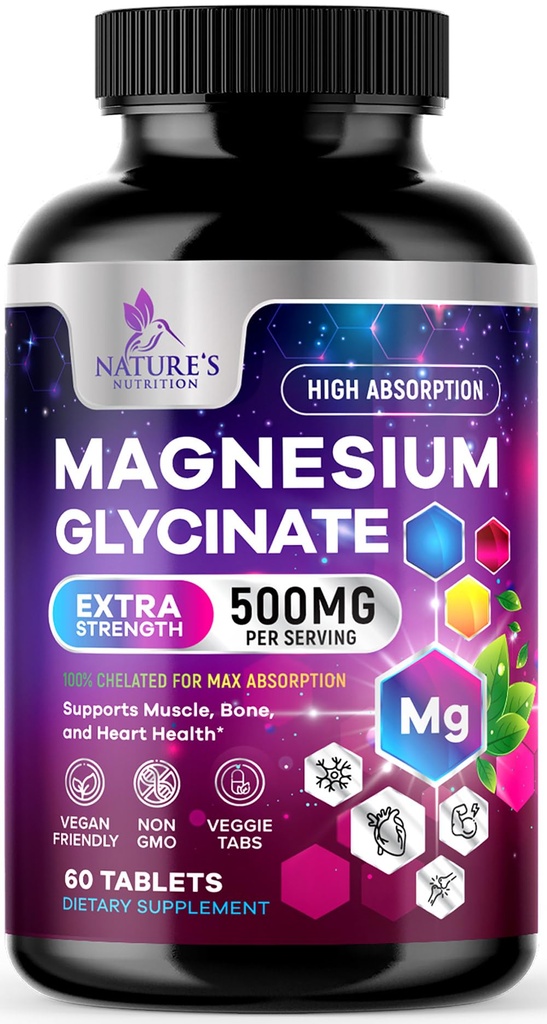 Magnesium Glycinate 500mg - Celated for Ultra Imeytyminen - tukee luun, lihasten, hermojen ja sydämen terveys, luonnon uni tuki, paras magnesium täydentää pillereitä koko kehon tuki - 60 tablettia