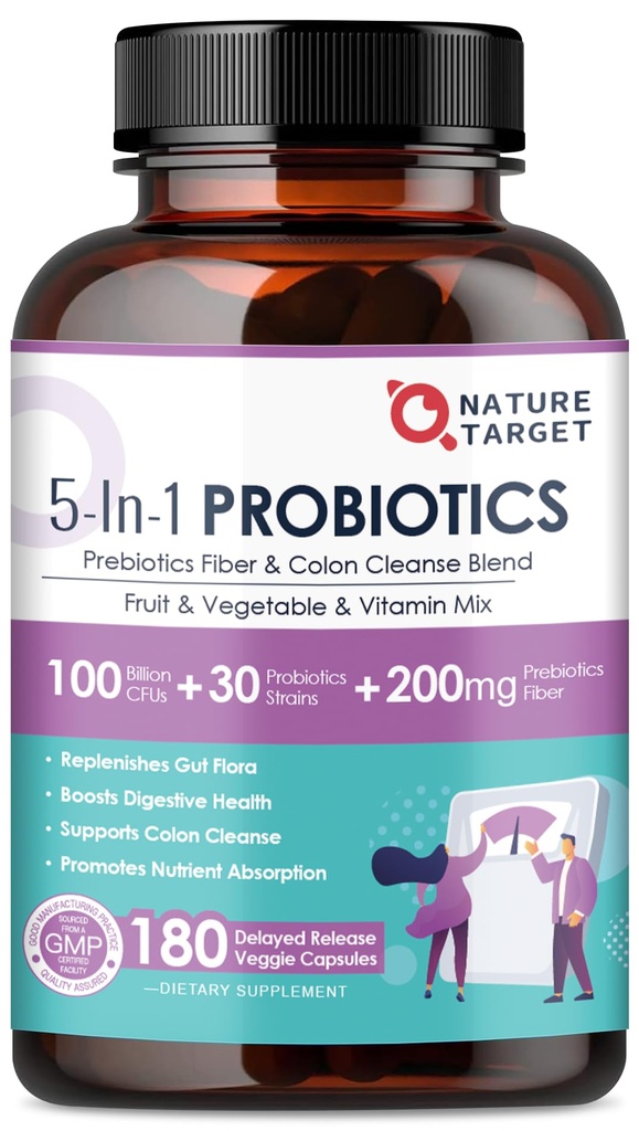 NATURAL TARGET Probiootit naisten-miesten digestiivinen terveys, miesten-naisten probiootti prebiootit, 100 miljardia PMY Gut and Immuno Health, 180 kasviskapselit (90 päivän tarjonta)