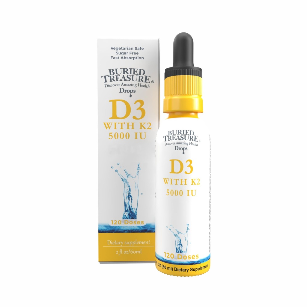 Hautautuneet aarrevitamiini D3 & K2 - tippa - 5000 IU D3 ja 100 mikrog K2 luun, sydämen ja immuunin tuki, sokeriton, 2 fl oz