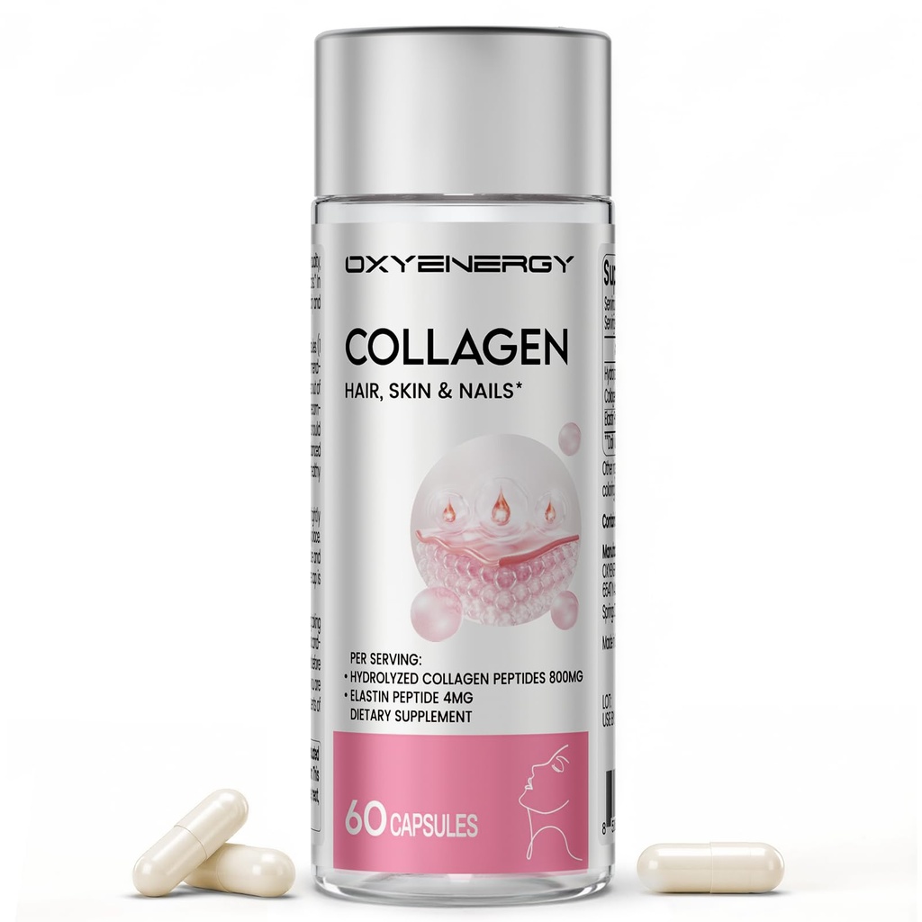 OxyEnergy Collagen Peptides kapselit naisille, 800mg Hydrolysed Collagen(tyypit I) lisäravinteet Elastin Peptides, 60 Collagen pillereitä edistää hiukset, kynsi, iho, Colágeno en Capsulas