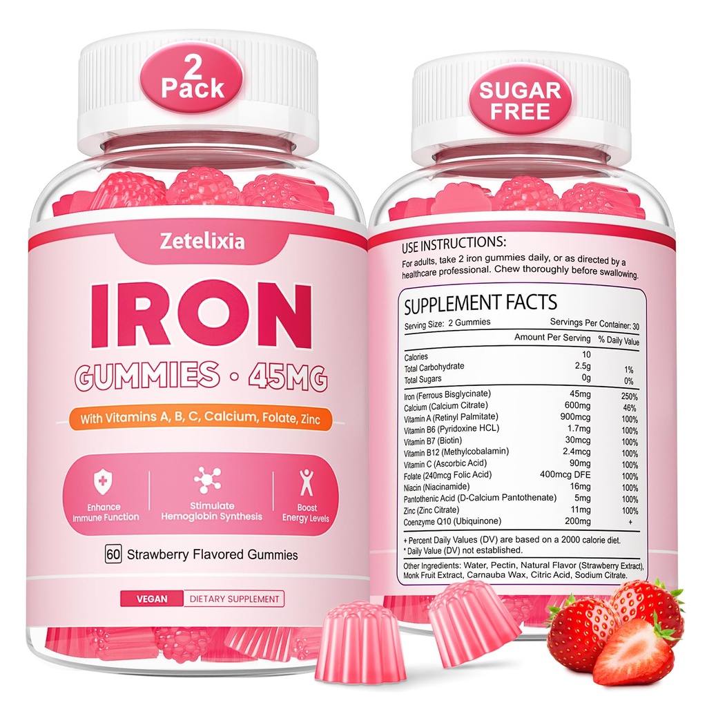 Vegan 2 Pack Iron Supplement Gummies for Women & Men, Anemia, Veren rakentaja & energiatuki Iron Definition, kanssa C-vitamiini, A, B Complex, Folate, CoQ10, sokeriton, ei-GMO, 120 kreivi