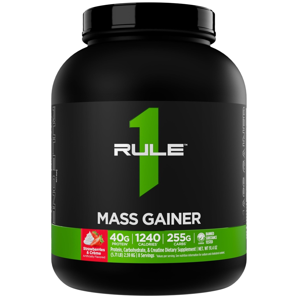 Sääntö 1 Mass Gainer - High-Calorie Painonnousu Formula kanssa 1,220+ Calories, 250g+ Complex Carb Blend, 40g All-Whey Protein per Serving (8 tarjoilut, mansikat ja Creme)