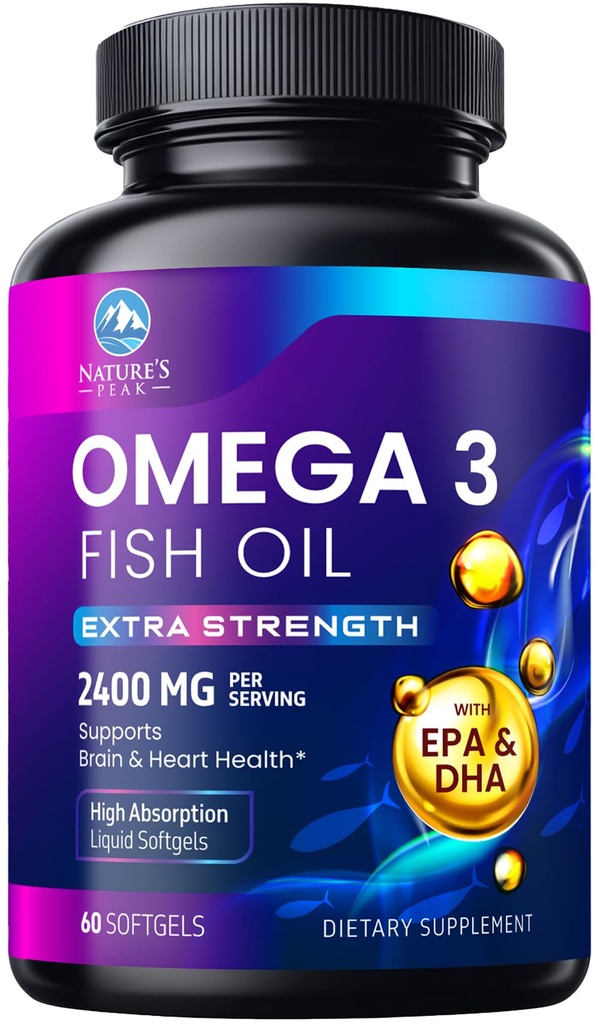 Omega 3 Fiskolja 2400 mg Tillägg, hållbart källad, Triple Strength Omega-3 Supplement Softgels, Brain Health Support, EPA & DHA Fish Oil Fatty Acids Supplements, Gluten & GMO Free, 60 Softgels