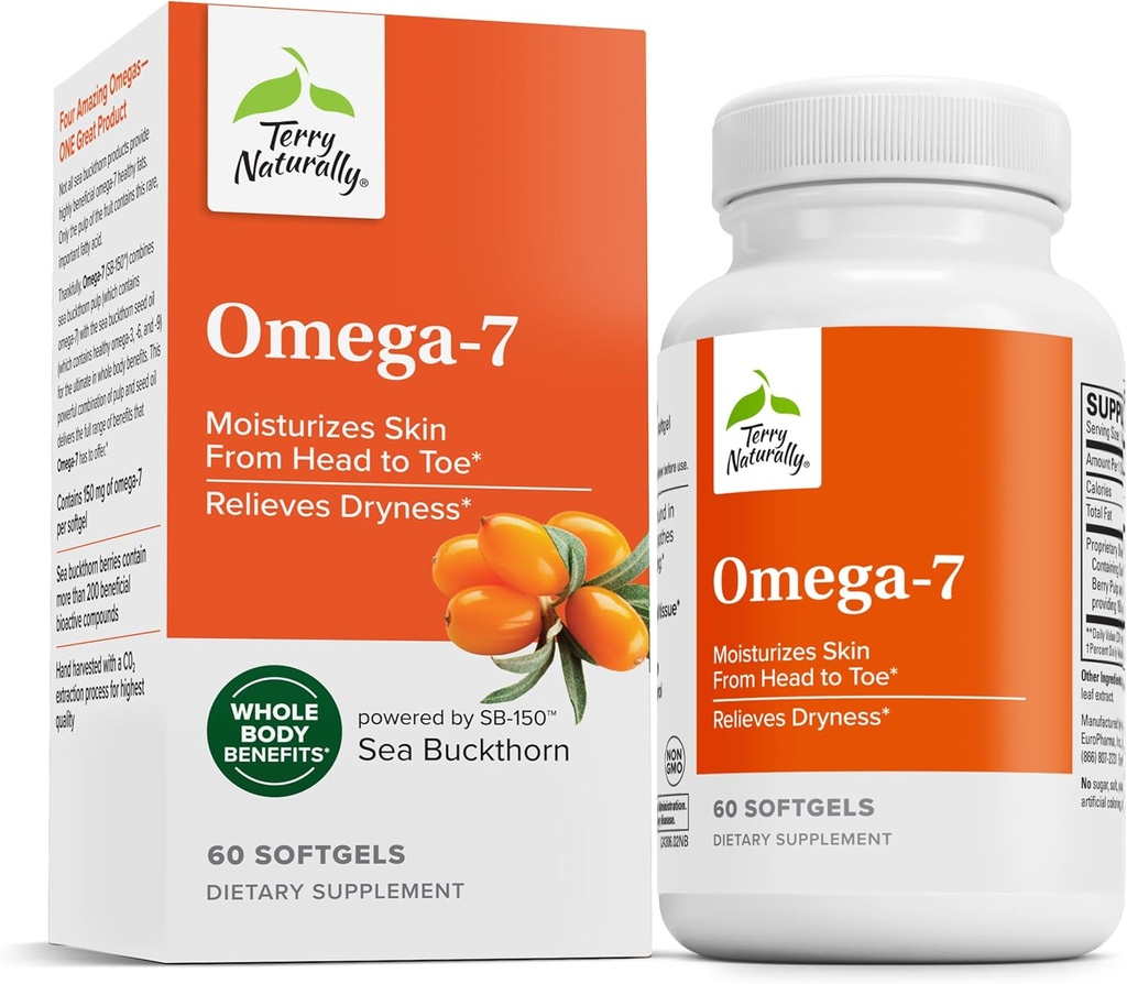 Terry Naturligt Omega-7 - Kosttillskott med väsentliga fettsyror - Näringstillskott för att stödja hudhälsa med Sea Buckthorn, Berry Pulp & Seed Oil - 60 Softgels (Pack of 2)