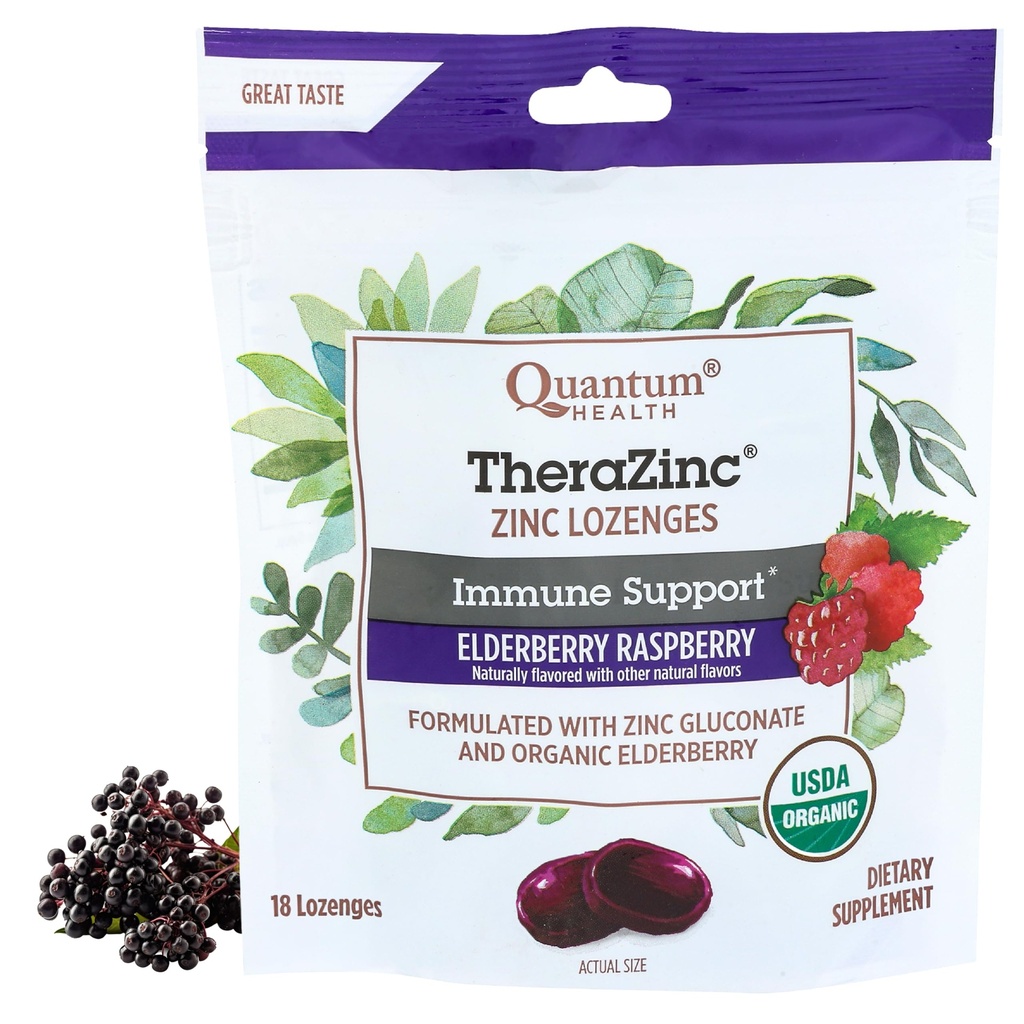 Quantum Health TheraZinc Organic Zinc Lozenges Elderberry & Honey - Immun Support för vuxna och barn 12+ Naturligt smaksatt hallon snabb lindring utan eftersmak - 18 greve