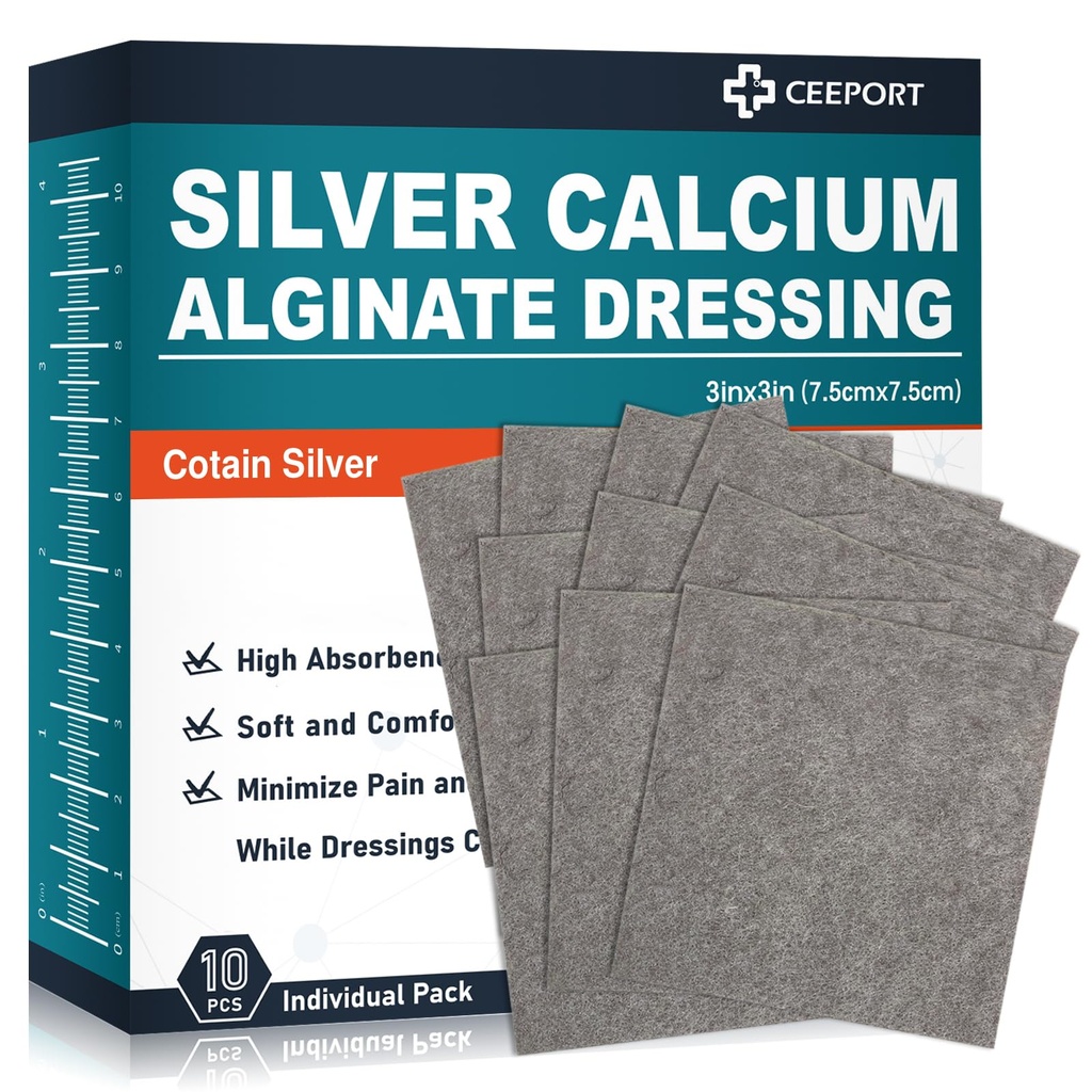 Ag Silver Calcium Alginate Wound Dressing Pads 3'' x 3''' (Pack of 10), Soft Highly Absorbent Silver Wound Dressing, Non-Adhesive Dressing för Wound Care, Painless Removal Gauze Pads för sår