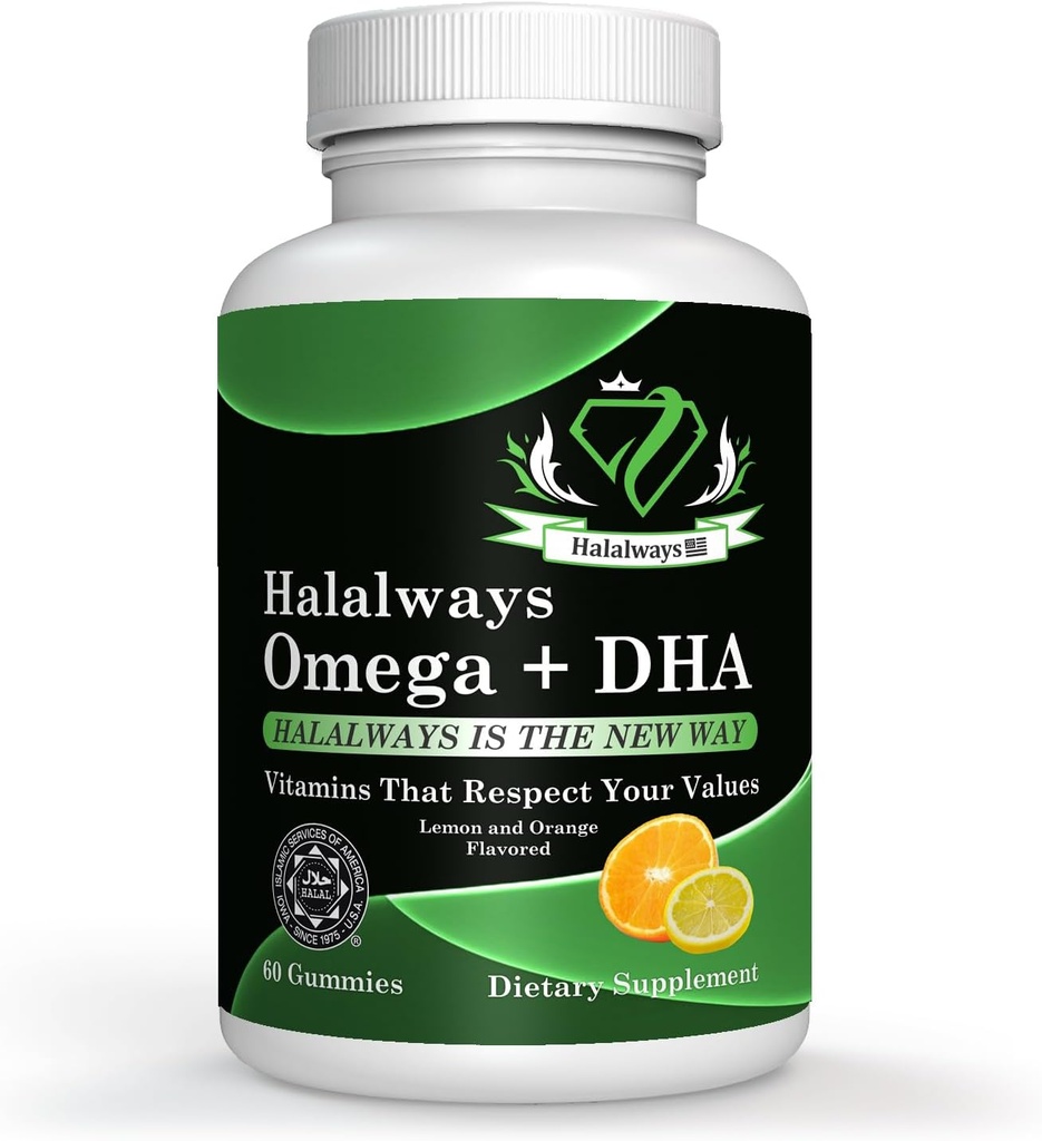 Halalways Omega + DHA Gummies - Triple Strength Omega 3 Fish Oil Gummy Vitamins med DHA Fatty Acids, Nature's Heart Health, Orange & Lemon Flavor Certified Halal Supplement