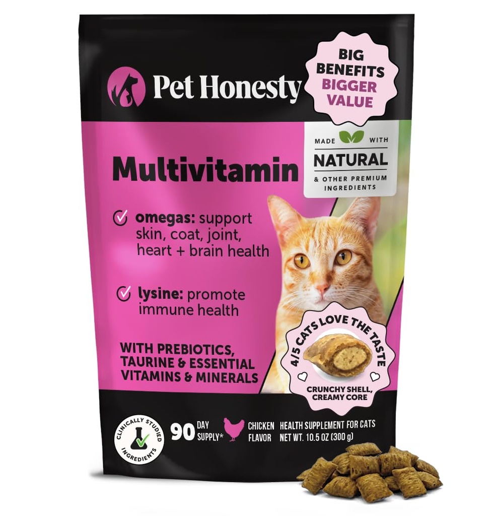 Cat Multivitamin Chews - Cat Treats for Health + Immune, Joint Support, Skin & Coat och Digestion - Omega 3s, Lysine & Probiotika för katter, vitaminer för katter - Kyckling (90-dag Supply)