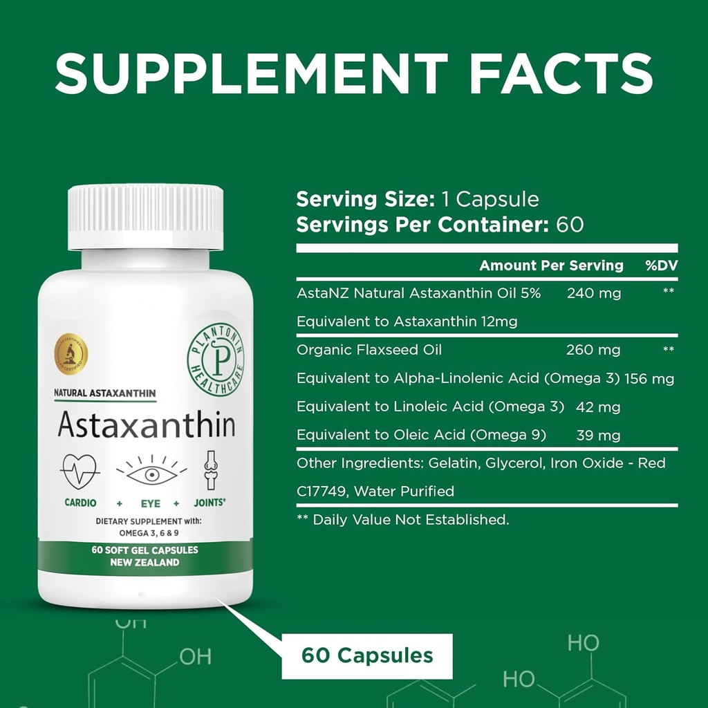Uusi-Seelanti - Astaksantiini 12 mg alkaen Microalgae Hematococcus Pluvialis - 60 Soft Gels - GMO & Gluteeniton - Antioksidantti - tukee Yhteinen liikkuvuus & jumppa Recovery, ihon ja silmien terveys