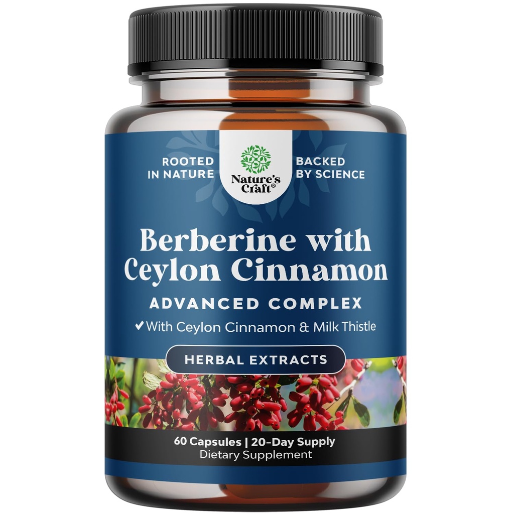 Tasapainotus Berberine Plus 1200mg Per Serving Complex - Antioksidantti berberiini kanssa Ceylon kaneli kapselit Plus Silymarin Milk Thistle Extract - Aktiivinen PK Heart Health ja sokerin tuki 60 kapselia