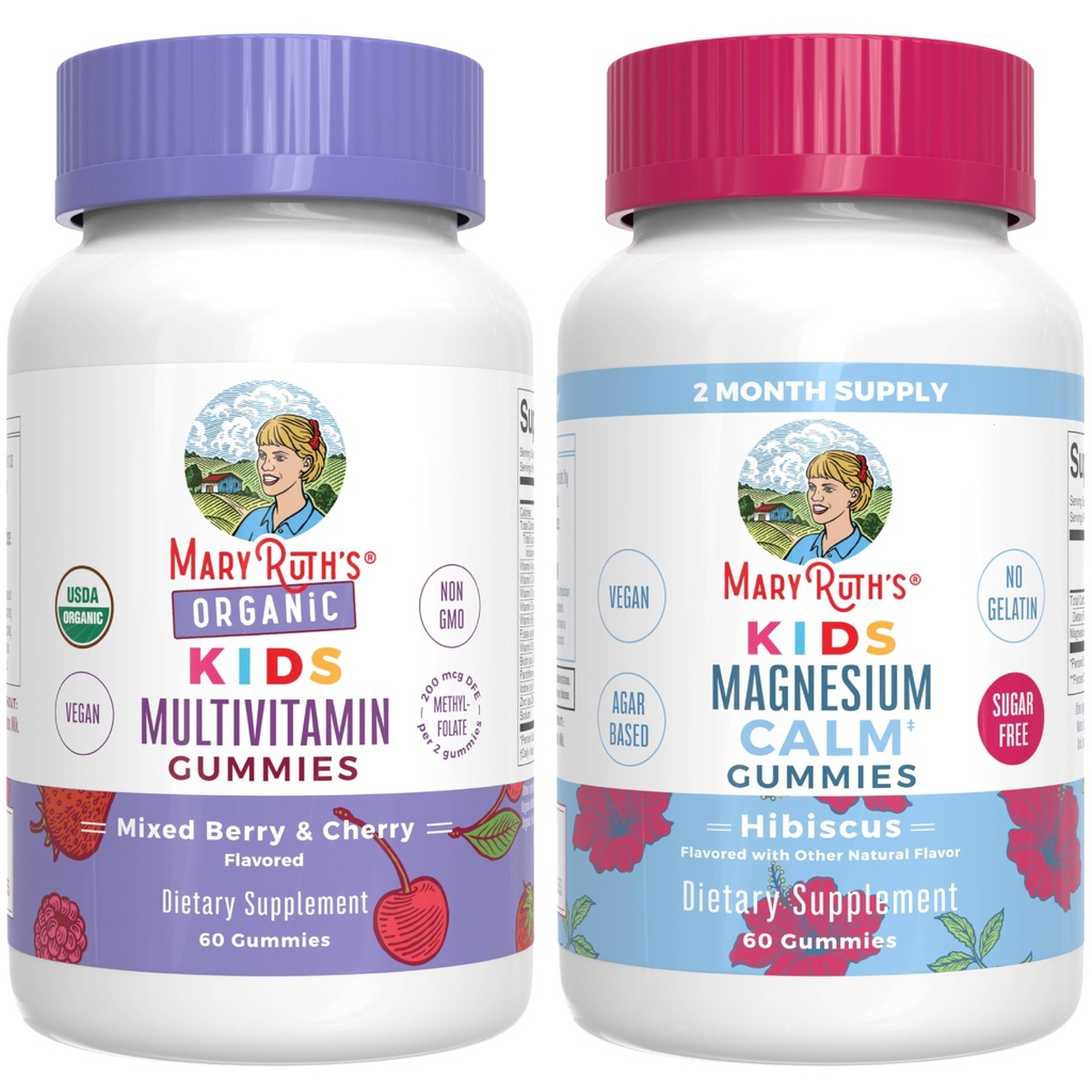 MaryRuth's Gummies for Kids-USDA Organic Multivitamin (Mixed Berry & Cherry), & Magnesium Calm (Hibiscus) | No Gelatin! | Vitaminer för immunitet, Gut Health, & Overall Wellness | Vegan, Non-GMO