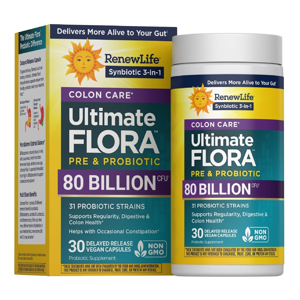 Renew Life Probiotic Colon Care Probiotic Capsules, Daily Supplement erbjuder Colon Support, L. Rhamnosus GG, Dairy, Soy och glutenfri, 80 miljarder CFU, 30 Count