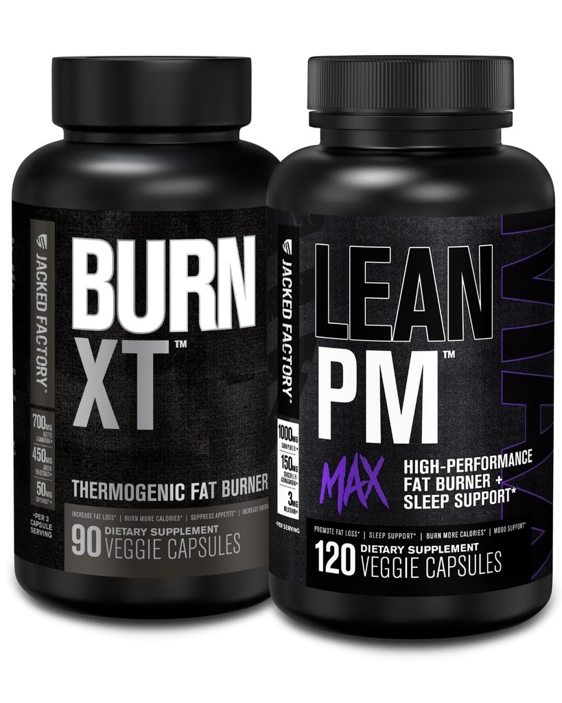 Jacked Factory Burn XT Thermogenic Fat Burner - ruokahalua Supppressant & Nootrooppinen energia Booster (90 kapselia) & Lean PM Max High-Performance Painonlasku, unituki (120 kapselia)
