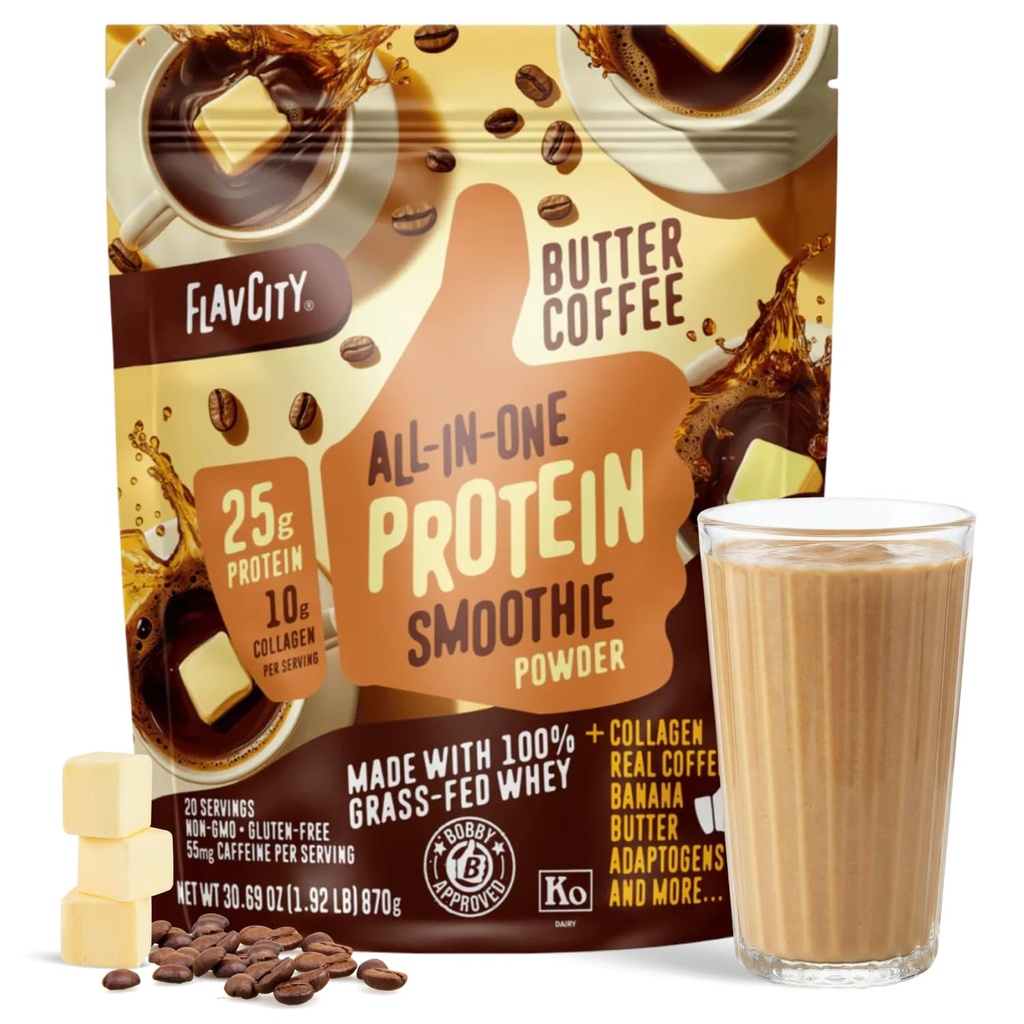 FlavCity Grass Fed Whey Protein Powder - Butter Coffee - 25g Protein, 10g Collagen & 87mg Kofeiini - valmistettu Luomu Reishi & Cordyceps - Gluteeniton & ei lisättyä sokeria (20 tarjoilua)