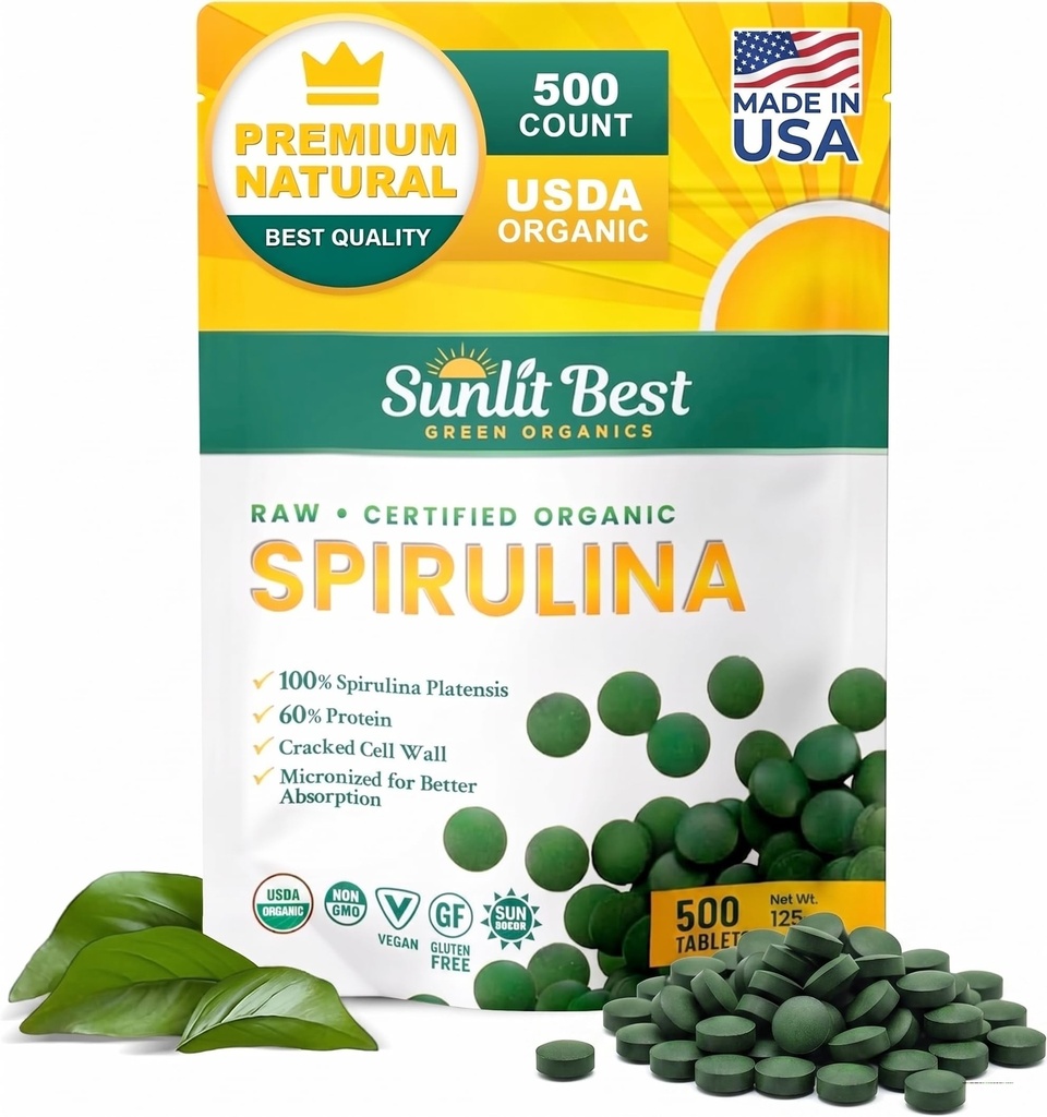 Sunlit Best Spirulina tabletter - Organic Spirulina tabletter USDA Premium 500 greve - Naturliga Spirulinas Organic Burst för immunstöd Muskeltillväxt, Energiökning w / klorofyll - Hög protein, icke GMO