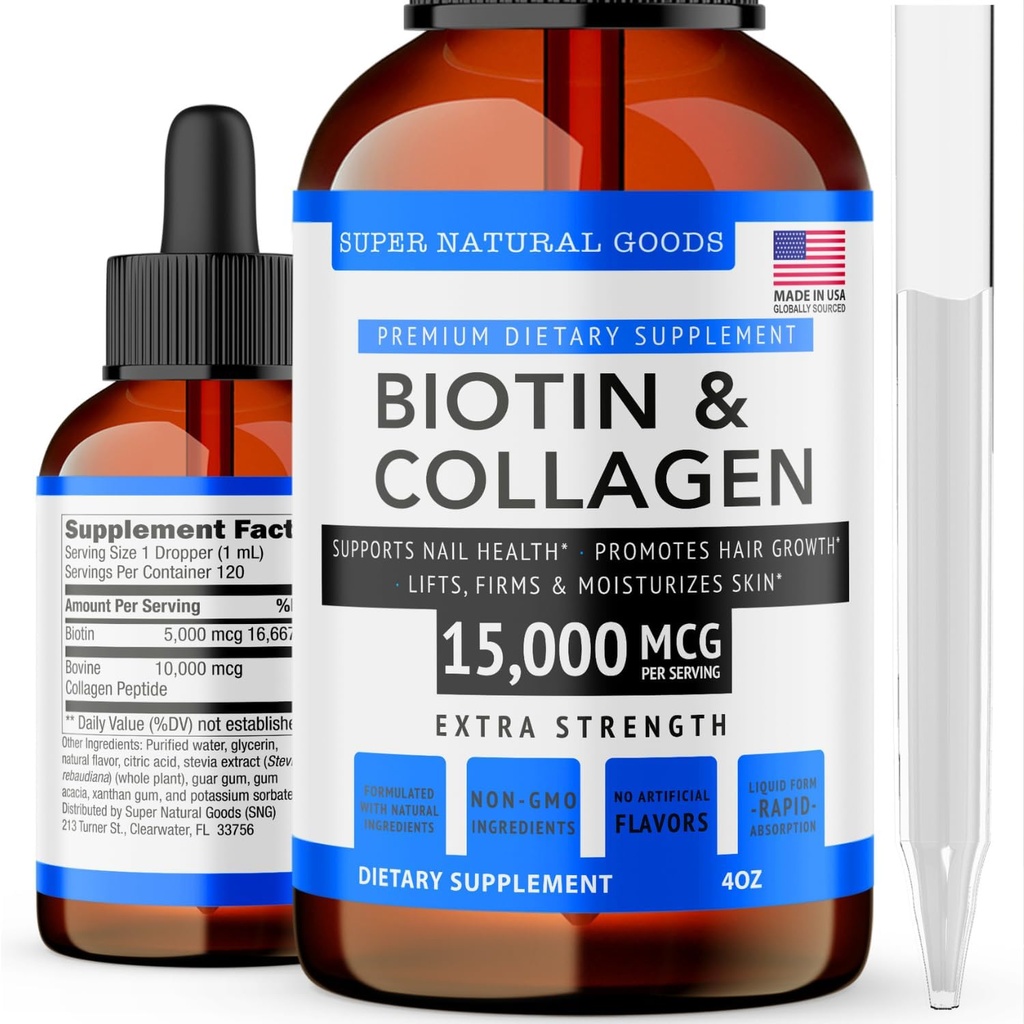 Super Natural Goods Biotin & Collagen Vitamiinit - hiustenlähtö, Gut Health, Anti-Aging, ihonhoito & kynnet - Valmistettu Yhdysvalloissa, ei-GMO & Cruelty ilmaiseksi (4 Ounce- 15,000 mcg)