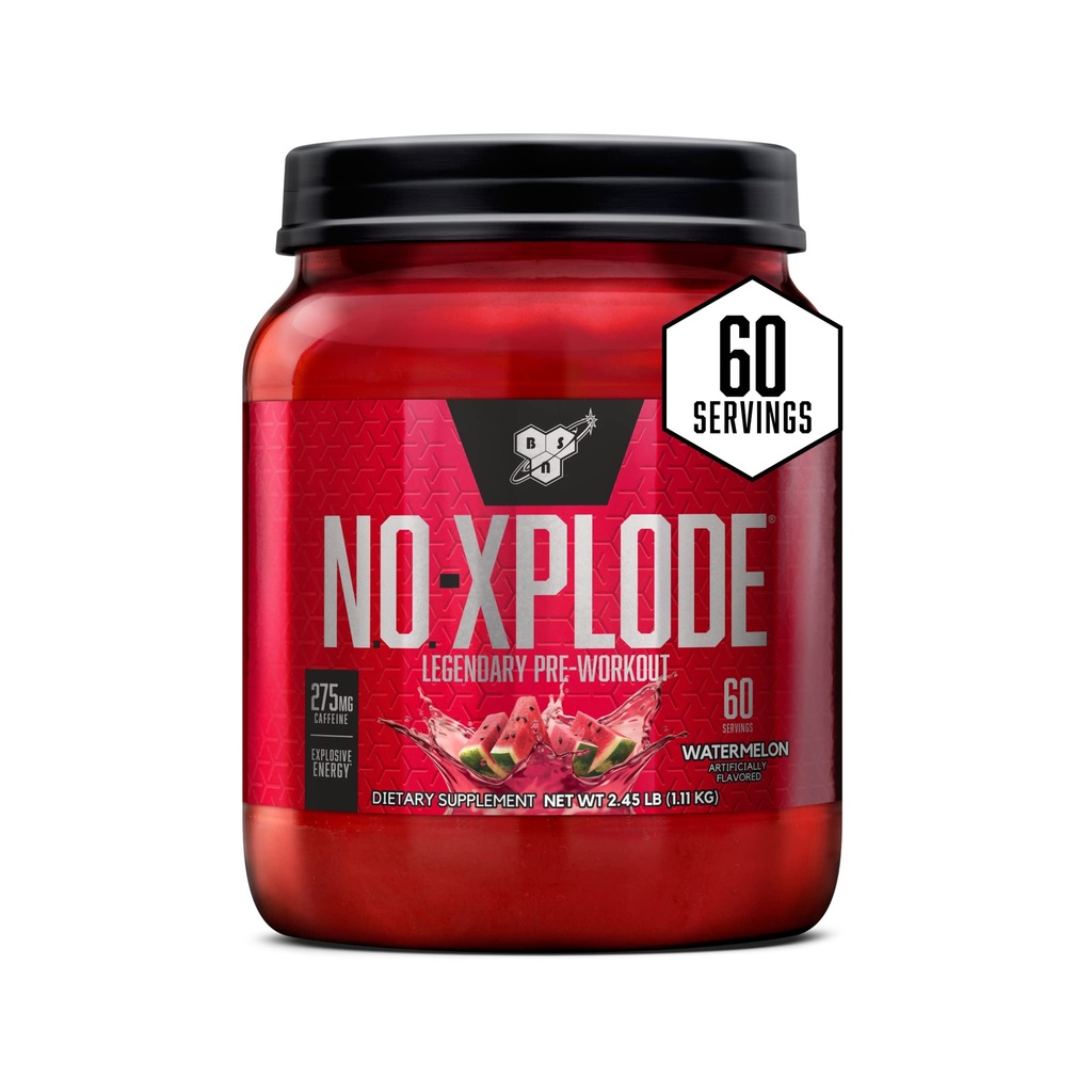 BSN N.O.-XPLODE Pre Workout Powder, energiförsörjning för män och kvinnor med kreatin och beta-alanin, smak: vattenmelon, 60 portioner