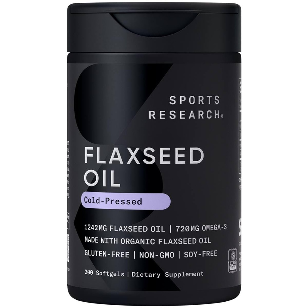 Urheilu Tutkimus Pellavaöljy Softgels 1242mg - Kasvipohjainen Omega 3 täydennysosa naisten ja miesten - ei-GMO todennettu, soija & gluteeniton (200 Count)