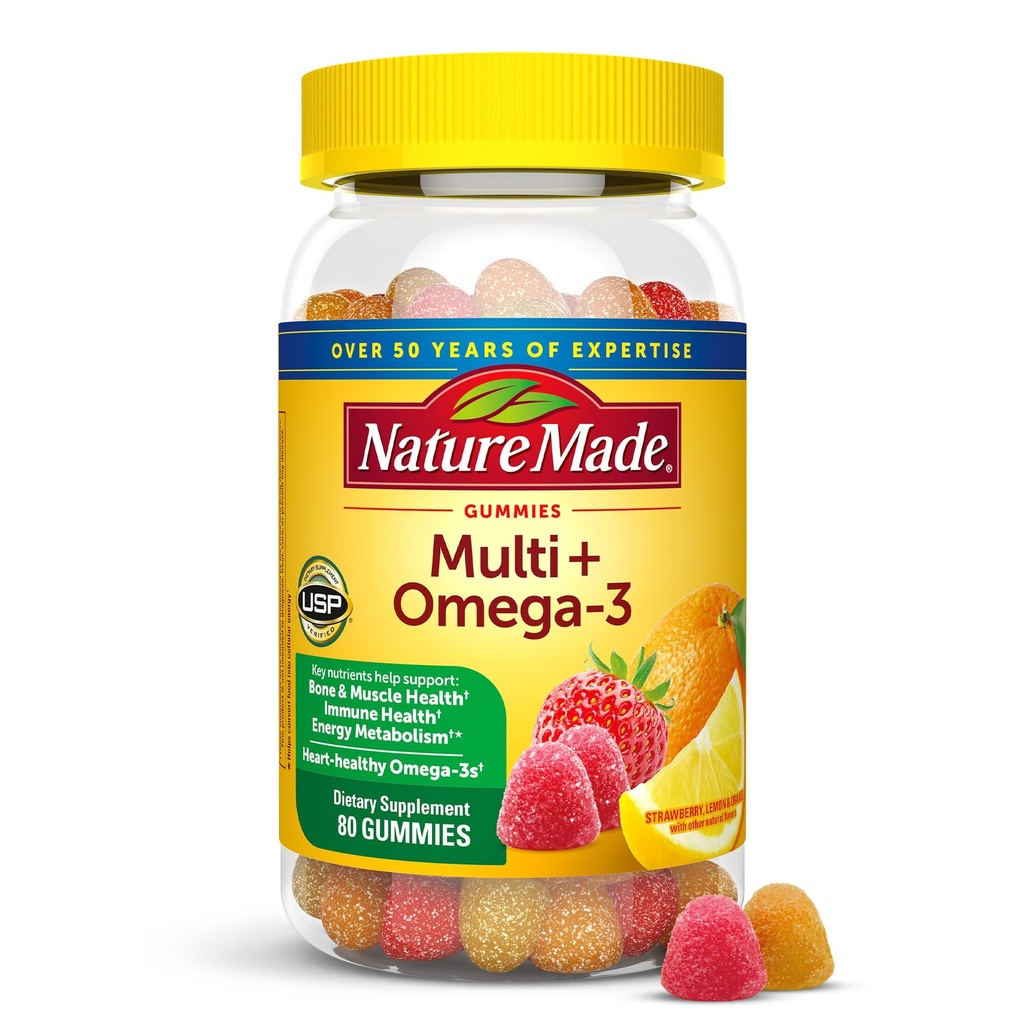 Luonto valmistettu monivitamiini + Omega-3, monivitamiini Gummies naisille ja miehille, päivittäin ravitsemus tuki, 80 aikuisten Gummy vitamiineja ja kivennäisaineita, 40 päivän tarjonta