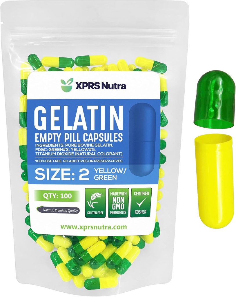 XPRS Nutra Size 2 Empty Capsules - 100 Count Empty Gelatin Capsules - Pills DIY Capsule Fyllning - Pure Bovine Pill Gel Caps for Do-It-Yourself Supplements (Gröna / Gul)