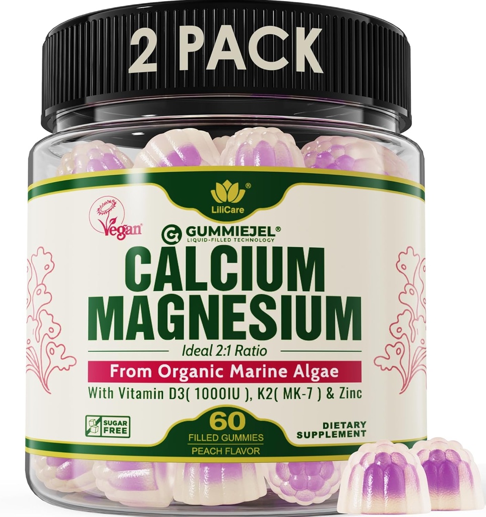 2 pakkaus - kasviperäisiä kalsiumia Gummies 600 mg D3-vitamiinia, magnesiumia, sinkkiä luunvahvuutta varten, sokeriton kalsiumlisä naisille ja miehille (sertifioitu vegaaninen) kestävästi orgaanisen punainen Algae