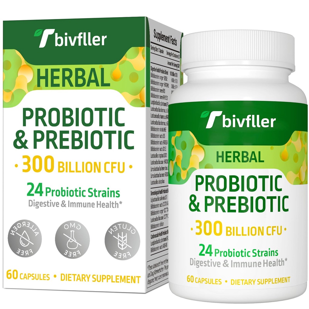 Probiotika för kvinnor män- 300 miljarder CFU, 24 Strains Probiotic + 15 Organiska örter Prebiotika Blend, Pre och Probiotika, för Digestive Health, Immune & Gut, Diarrhea, Bloating, Vegan, 2 månaders leverans