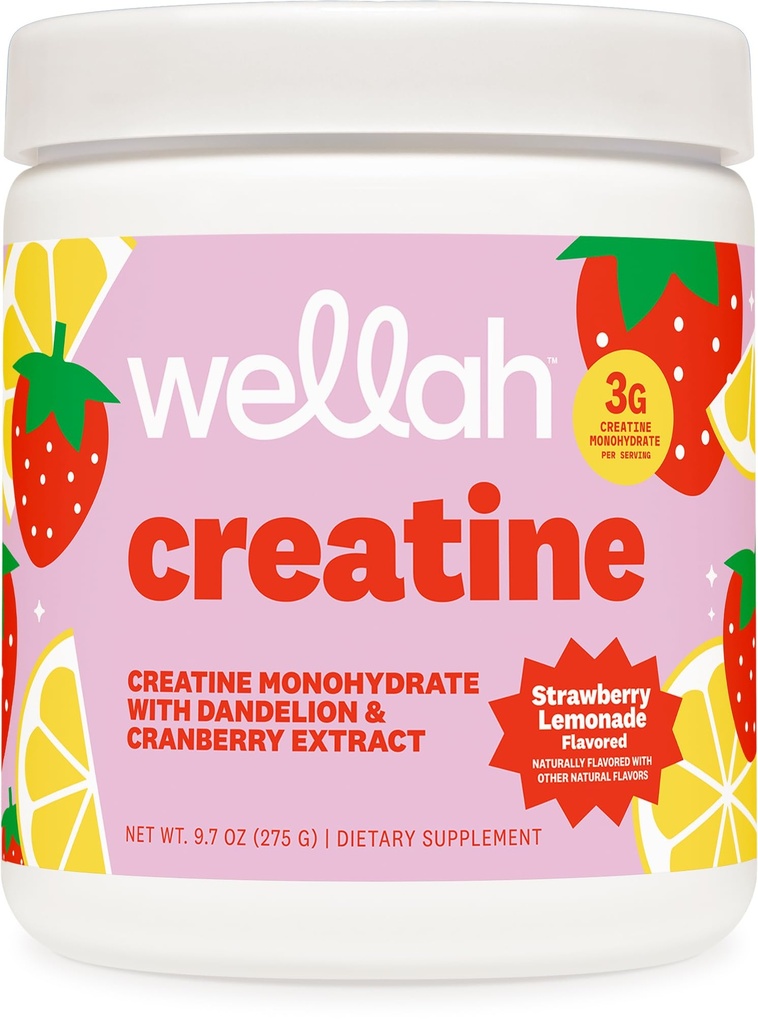 Wellah Creatiini naisille - Creatiini Monohydraattia voikukan & karpalouute (50 tarjoilua, mansikkasitruunaa)
