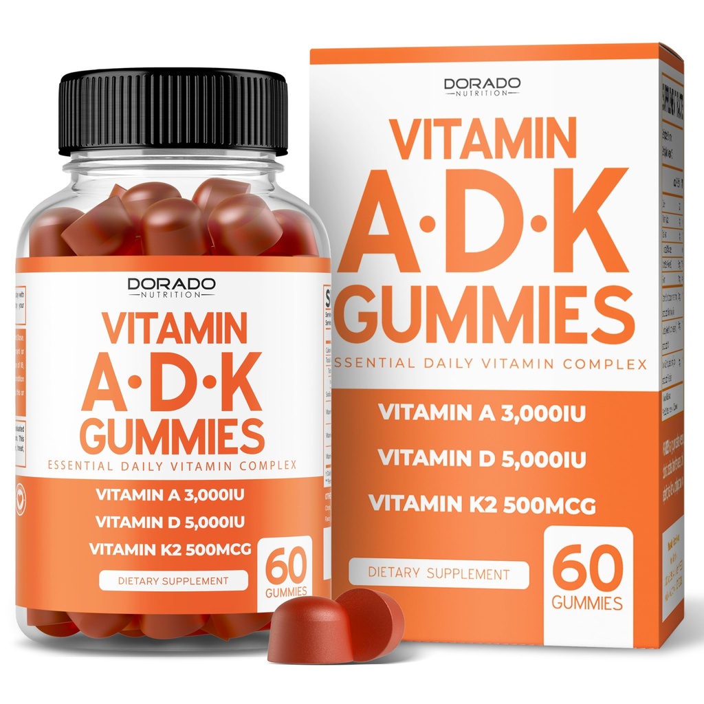 ADK Gummies Vitamin D3 K2 (60 Sugar Free Gummies) Vitamin D3 K2 10000iu / 5000iu - Tillägg med D & K - 10 Vegan Supplement - Utsökt Raspberry Flavor - Non GMO & USA Made - 60 Count