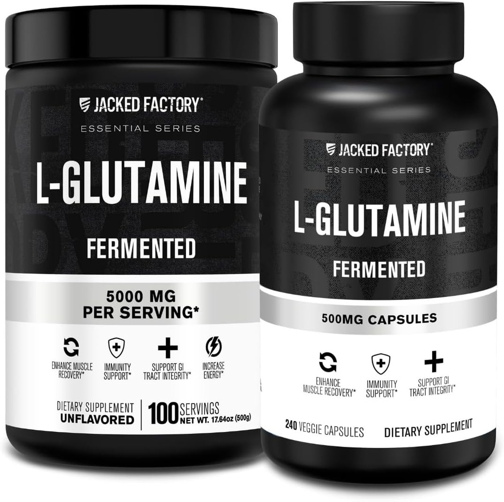 Jacked Factory L-glutamine Powder 100 Servings & L-glutamine Kapselit 500 mg (240 kapselia) post harjoitus Lihasten Recovery, Immuniteetti, Ruoansulatuselimistö