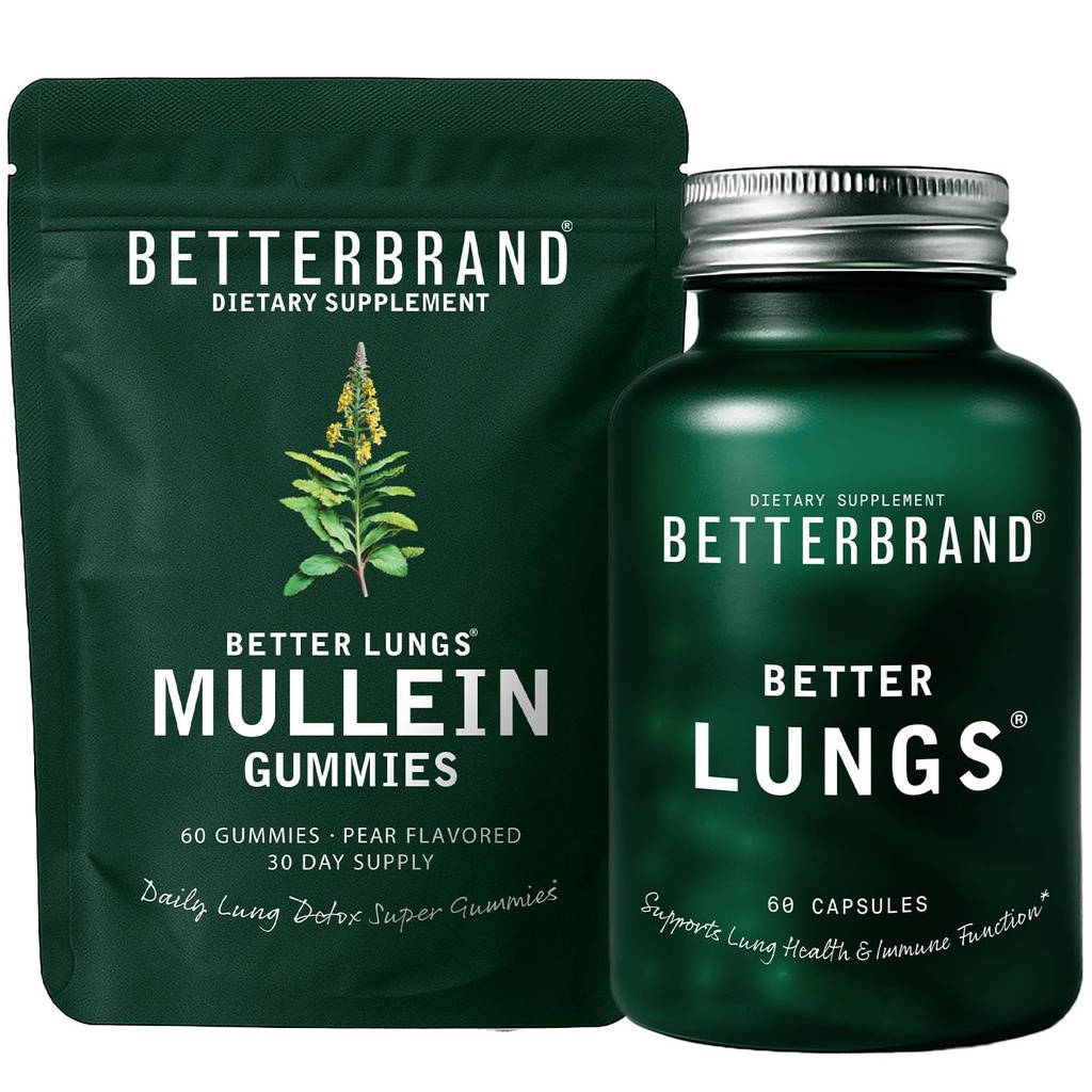 Betterbrand Paremmat Keuhkot Health Pack - Paremmat Keuhkot & Müllein Gummies - Täydellinen hengitysteiden hyvinvointi Pack: Paremmat Keuhkot & Müllein Gummies - 30 päivän tarjonta
