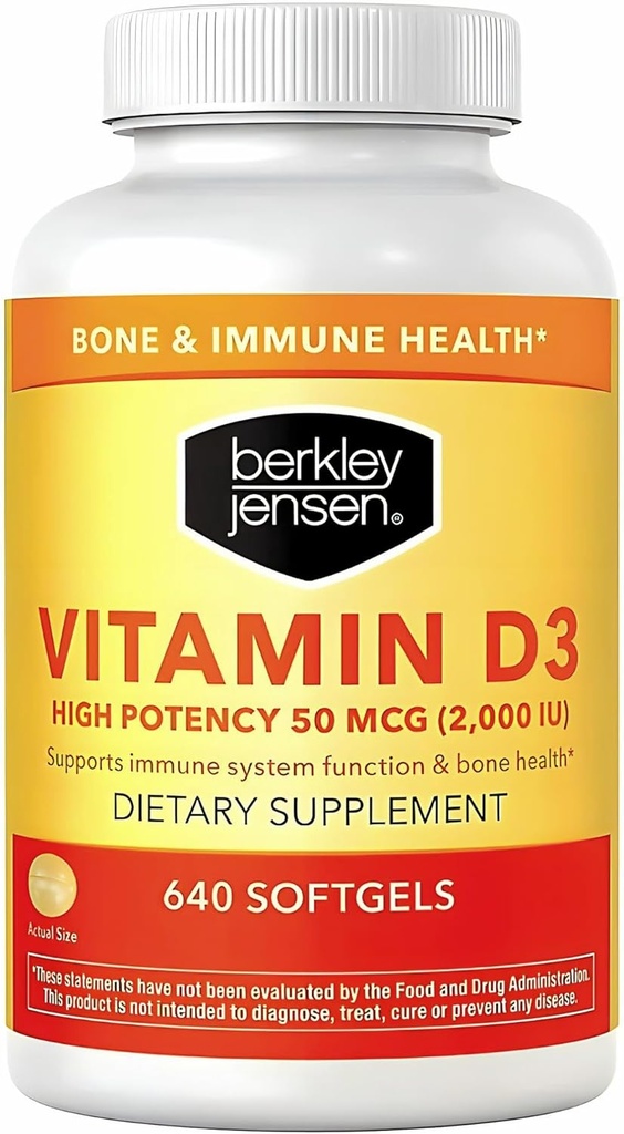 Berkley Jensen High Potency Vitamin D3 2000IU (50 mcg) (640 Softgels), Kosttillskott för tänder, muskel, immunfunktion och benhälsa, för män och kvinnor, tillverkade i USA, 640 Day Supply