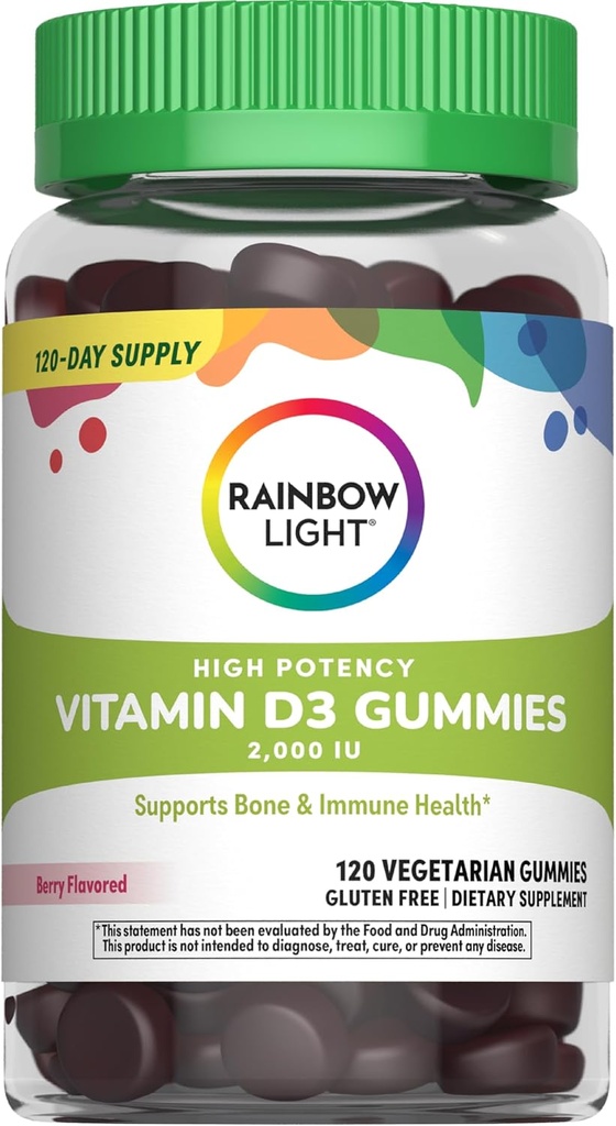 Rainbow Light Vitamin D Gummies, High Potency Vitamin D3 2 000IU Immune Health Support, hjälper till att stödja starka ben och tänder, Gluten Free, Vegan, Berry, 120 Gummies