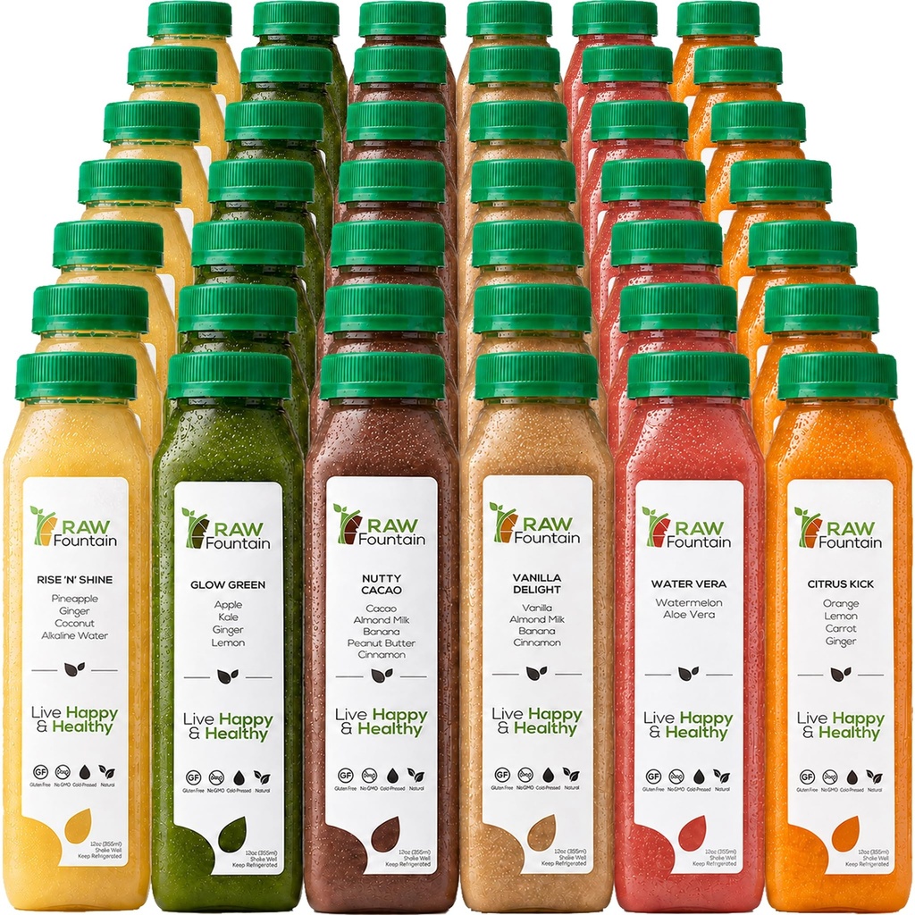 7 Day Protein Juice Cleanse Raw Fountain, Kaikki Natural Raw Detox Cleanse, Cold Pressed Fruits, Vihannekset, Vanilla ja Chocolate Flavor, Maukas ja Energizing, 42 pullot 12oz, 3 inkivääri laukausta