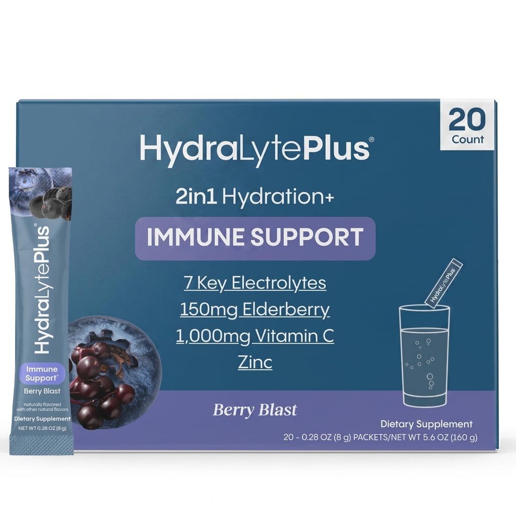 Hydralyte Electrolytes Plus Immuniteetti, Elderberry - Low Sugar Nopea nesteytys Powder - Kevyt sparkling Elektrolyytti Powder Packets 1000 mg ja 300 mg Elderberry (8oz Serve, 20 kreivi)