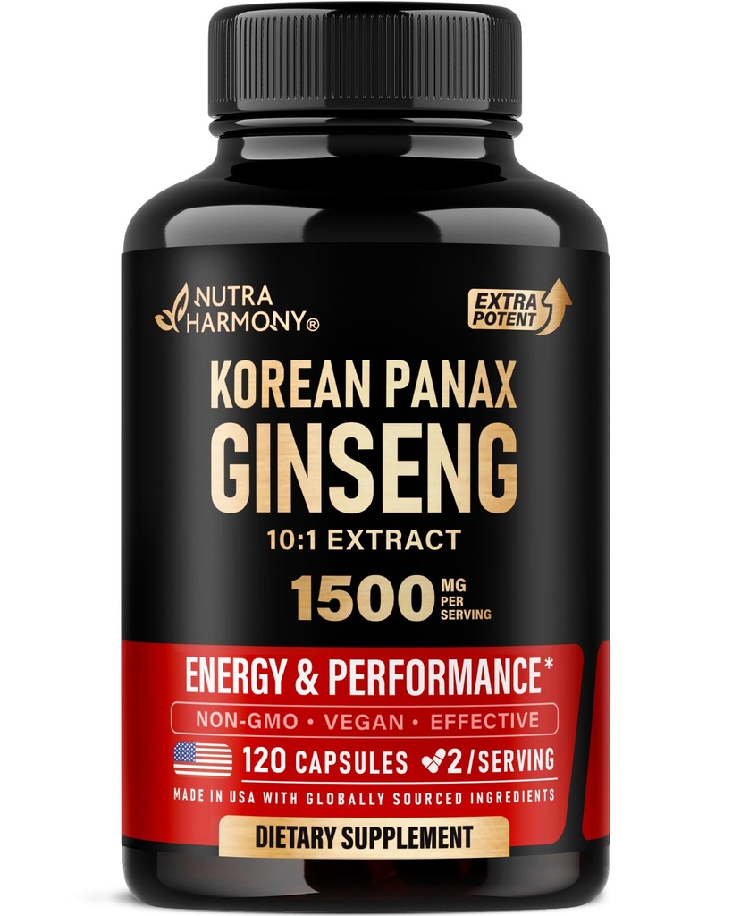 Panax Ginseng 15000 mg - Red Korean Ginseng Supplement for Men - Extra Strength 10:1 Extract - Energia, Focus, Tuottavuus ja suorituskyky - Luonnollinen & Vegan - Valmistettu Yhdysvalloissa - 120 kapselia, 2 kuukauden toimitus