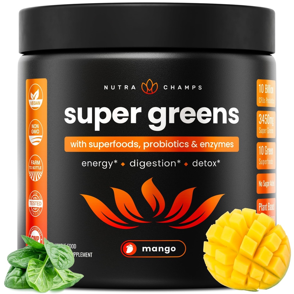 NutraChamps Super Greens Powder Premium Superfood | 20 + Organic Green Veggie Whole Foods | Wheat Grass, Spirulina, Chlorella | Antioxidant, Digestive Enzyme & Probiotic Blends (9,0 OZ, Mango)