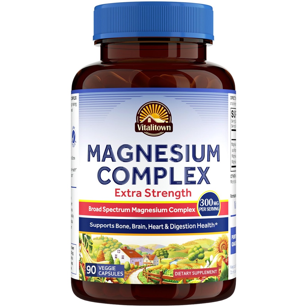 Vitalitown Magnesium Complex Supplement | 300 mg Elemental Magnesium Citrate Glycinate Taurate Malate | Non-GMO, No Gluten, 90 Vegan Magnesio Capsules för Bone Brain Heart