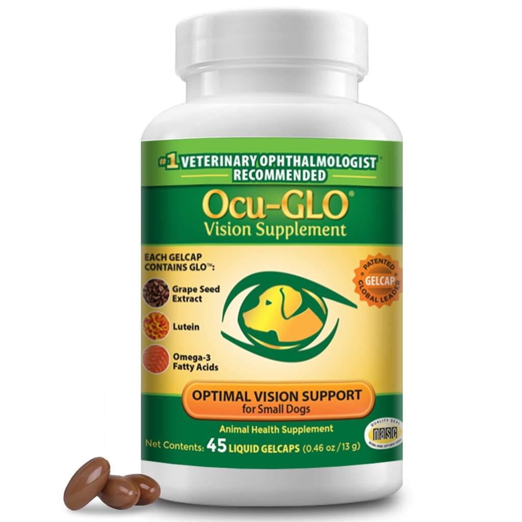 Ocu-GLO Vision Supplement för små hundar av djur nödvändighet med lutein, Omega-3 fettsyror, Grape Seed Extract och antioxidanter för att främja ögonhälsa hos hundar, 45ct Liquid Gelcaps