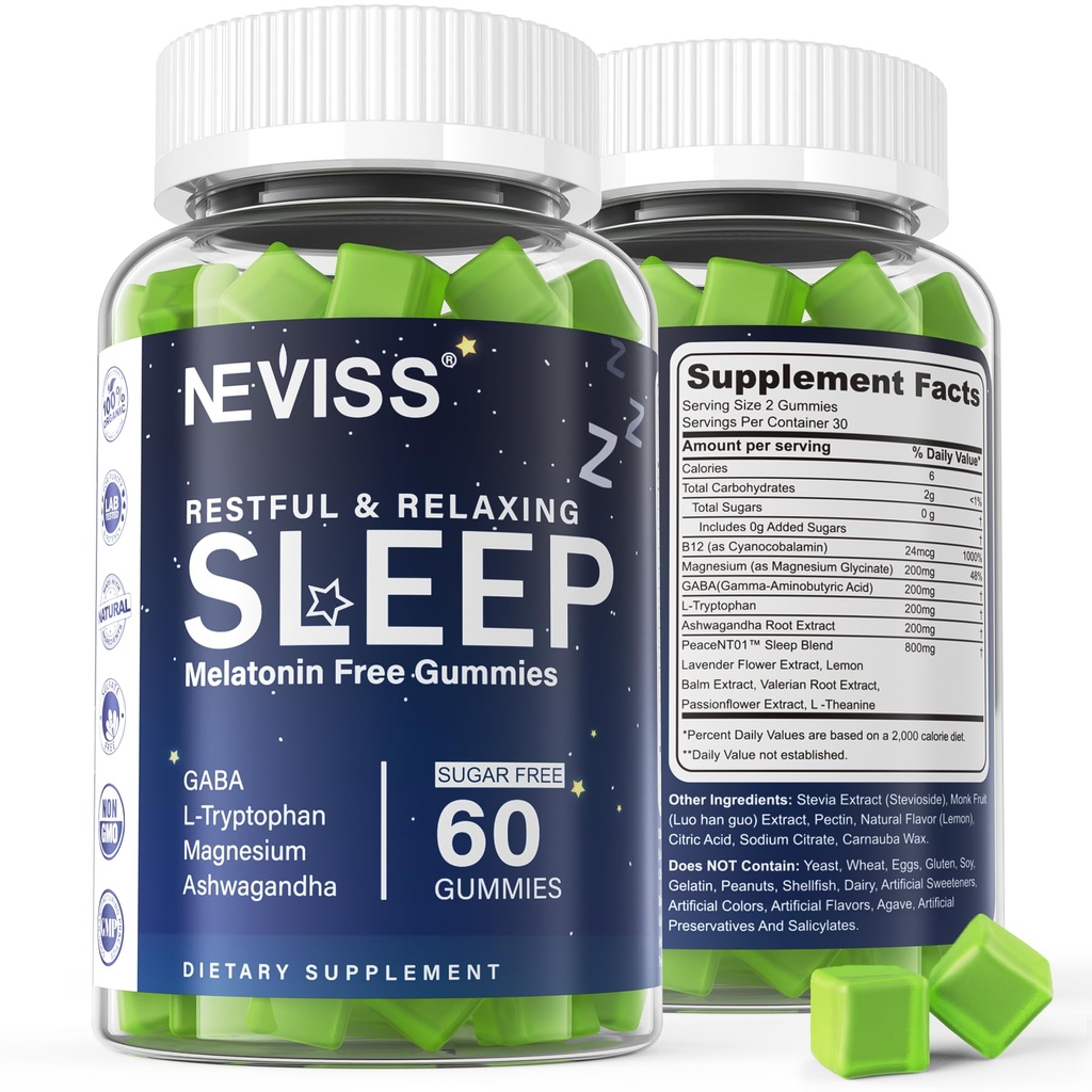 NEVISS Melatoniinin ilmainen unilääke Gummies aikuisille - Magnesium Glycinate Gummies ... GABA, L-Tryptofaani, Magnesium, Ashwagandha - Ei-Luokanmuodostelma, Apua syvään rentoutumiseen - Vegan, Lemon Flavor, 1Pack