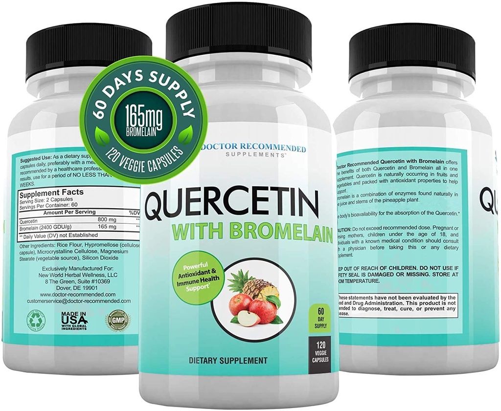 DOCTOR SUOSITETUT LIITTEET Quercetin 800 mg w/Bromelain 165mg per tarjoilu - 120 kasviskapselia-koko 60 päivän toimitus, vitamiini täydentää tukea & Bioflavonoidit, gluteeniton, ei-GMO