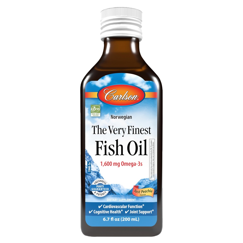 Carlson - Erittäin Finest Fish Oil, 1600 mg Omega-3s, Liquid Fish Oil Supplement, Norwegian Fish Oil, Wild-Caught, kestävästi lähdetty Fish Oil Liquid, Just Peachie, 200 ml (6,7 Fl Oz)